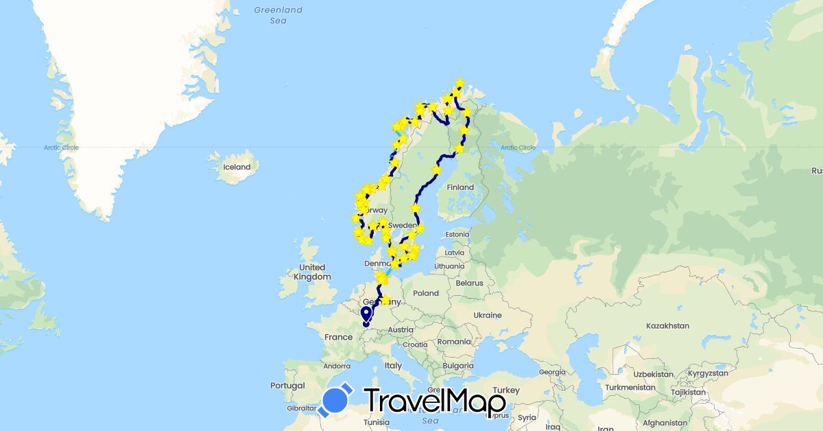 TravelMap itinerary: driving, boat in Germany, Finland, France, Norway, Sweden (Europe)