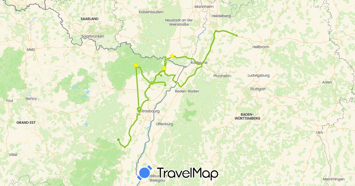 TravelMap itinerary: driving, electric vehicle in Germany, France (Europe)